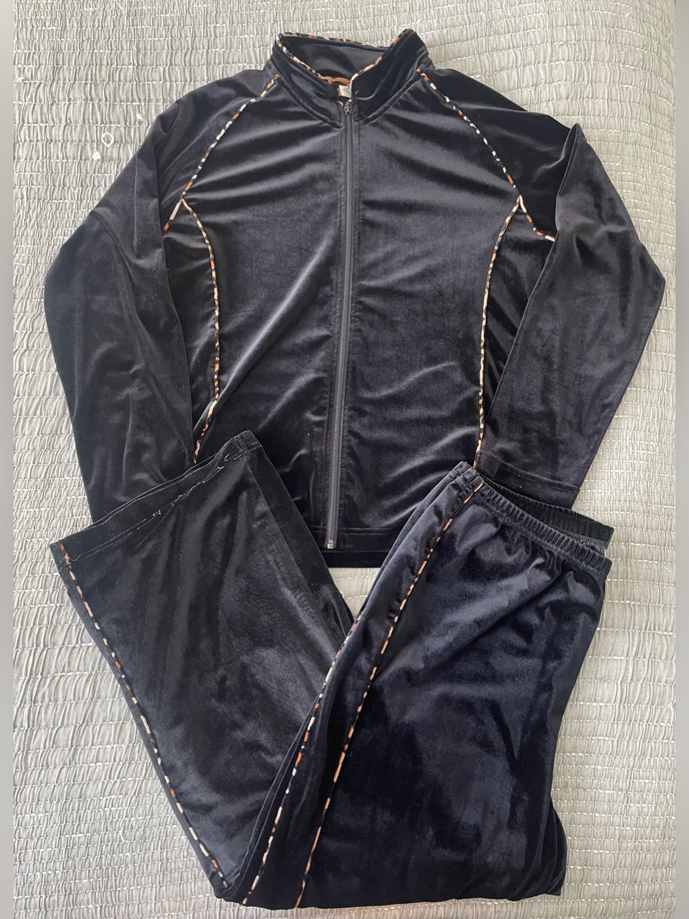 Black Velour Tracksuit Set with Animal Print Piping Size L Y2K Retro